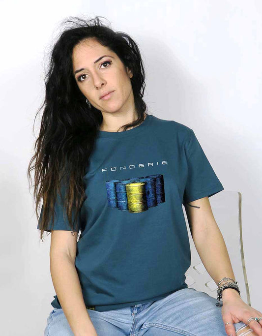 T-shirt unisex Barili di petrolio giallo e blu